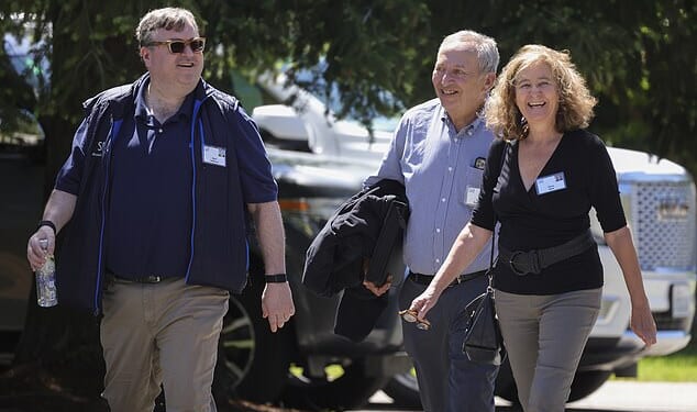Disgraced Harvard economist Larry Summers (pictured center with Reid Hoffman in 2022) spent his honeymoon with Elisa New (pictured right) one of the school's English professors on billionaire pedophile Jeffrey Epstein's private island