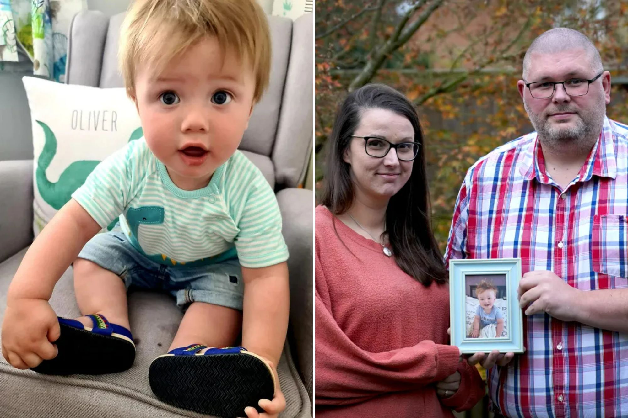 An image collage containing 2 images, Image 1 shows Oliver Steeper looking at the camera, Image 2 shows Zoe and Lewis Steeper hold a picture of their son Oliver, who died after choking on food