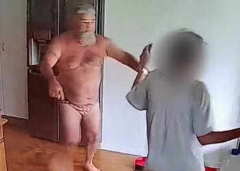 Steve confronts the intruder who was armed with a pair of scissors (pictured)