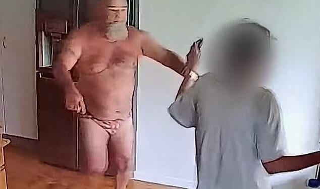 Steve confronts the intruder who was armed with a pair of scissors (pictured)