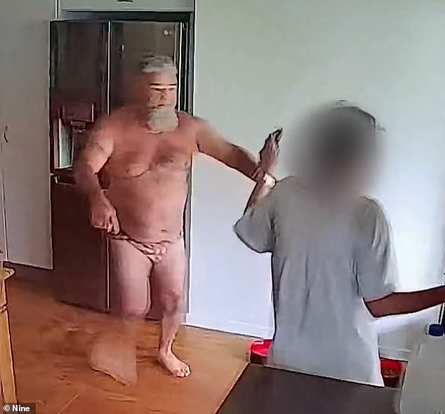 Steve confronts the intruder who was armed with a pair of scissors (pictured)