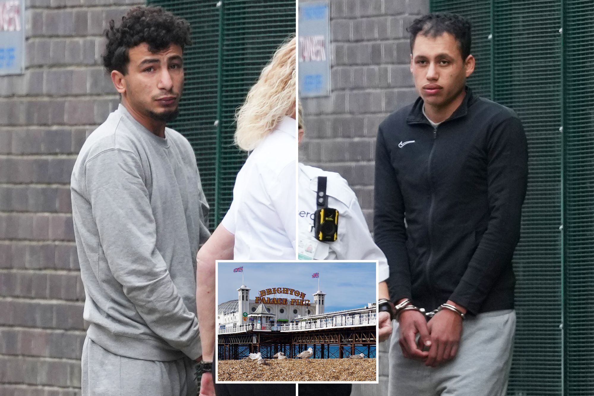 An image collage containing 3 images, Image 1 shows Ibrahim Alshafe, wearing a gray tracksuit, being escorted by an officer, Image 2 shows Karin Al-Danasurt handcuffed next to a police officer, Image 3 shows Brighton Palace Pier on a sunny summer morning with seagulls on the pebbled beach