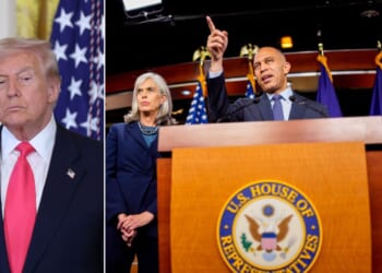 House Minority Leader Hakeem Jeffries, center, flanked by Minority Whip Katherine Clark, left, and Democratic caucus chair Pete Aguilar, seen in an October photo, issued a joint statement complaining about President Donald Trump's social media posts.