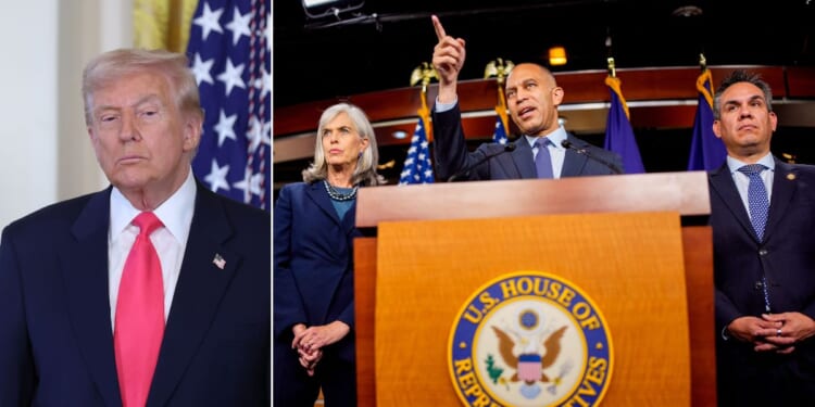 House Minority Leader Hakeem Jeffries, center, flanked by Minority Whip Katherine Clark, left, and Democratic caucus chair Pete Aguilar, seen in an October photo, issued a joint statement complaining about President Donald Trump's social media posts.