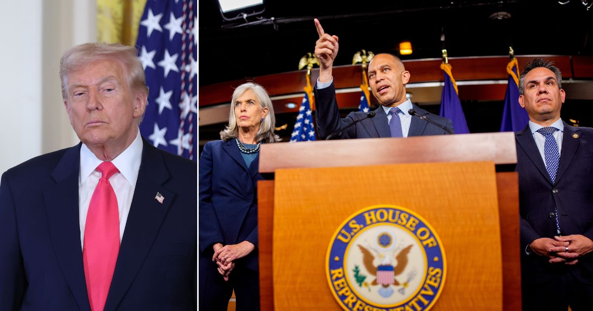 House Minority Leader Hakeem Jeffries, center, flanked by Minority Whip Katherine Clark, left, and Democratic caucus chair Pete Aguilar, seen in an October photo, issued a joint statement complaining about President Donald Trump's social media posts.