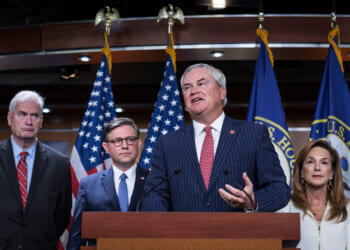 House Oversight Committee Chairman James Comer of Kentucky, center, is joined fellow Republicans, from left, House Majority Whip Tom Emmer of Minnesota, Speaker of the House Mike Johnson of Louisiana, and Rep. Lisa McClain of Michigan Oct. 21 to talk to reporters about the Jeffrey Epstein investigation.