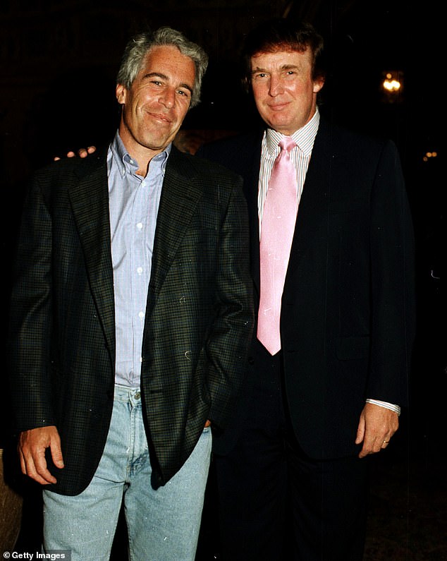 Portrait of American financier Jeffrey Epstein (left) and real estate developer Donald Trump as they pose together at the Mar-a-Lago estate, Palm Beach, Florida on February 22, 1997. (Photo by Davidoff Studios/Getty Images)