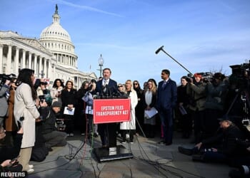 U.S. Representative Thomas Massie (R-KY), accompanied by U.S. Representatives Marjorie Taylor Greene (R-GA) and Ro Khanna (D-CA), speaks during a press conference on the Epstein Files Transparency Act ahead of a House vote on the release of files related to the late convicted sex offender Jeffrey Epstein, on Capitol Hill in Washington, D.C., U.S., November 18, 2025