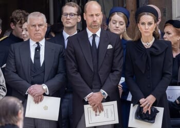 Andrew Mountbatten Windsor is pictured with the Prince and Princess of Wales at the Duchess of Kent's funeral in September - William was said to be 'furious' at his uncle's unexpected appearance