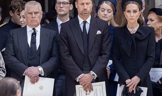 Andrew Mountbatten Windsor is pictured with the Prince and Princess of Wales at the Duchess of Kent's funeral in September - William was said to be 'furious' at his uncle's unexpected appearance