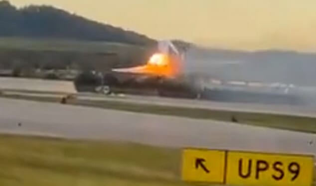 The plane's left wing was on fire as it took off from Louisville Muhammad Ali International Airport last night