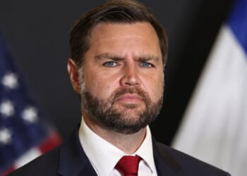 Vice President JD Vance looks on during a news conference following a military briefing at the Civilian Military Coordination Center in southern Israel on Oct. 21.
