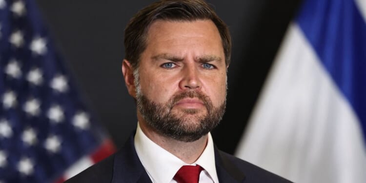 Vice President JD Vance looks on during a news conference following a military briefing at the Civilian Military Coordination Center in southern Israel on Oct. 21.