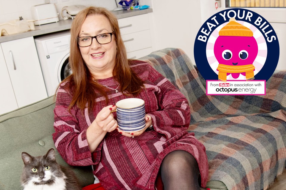 A woman on a couch holding a mug with a cat next to her and an Octopus Energy "Beat Your Bills" logo overlay.