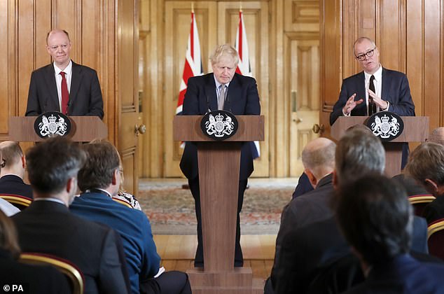 Other findings in her 760-page report included that Boris Johnson was too slow and 'should have appreciated sooner that this was an emergency that required prime ministerial leadership'. Pictured, during a Covid press conference in March 2020