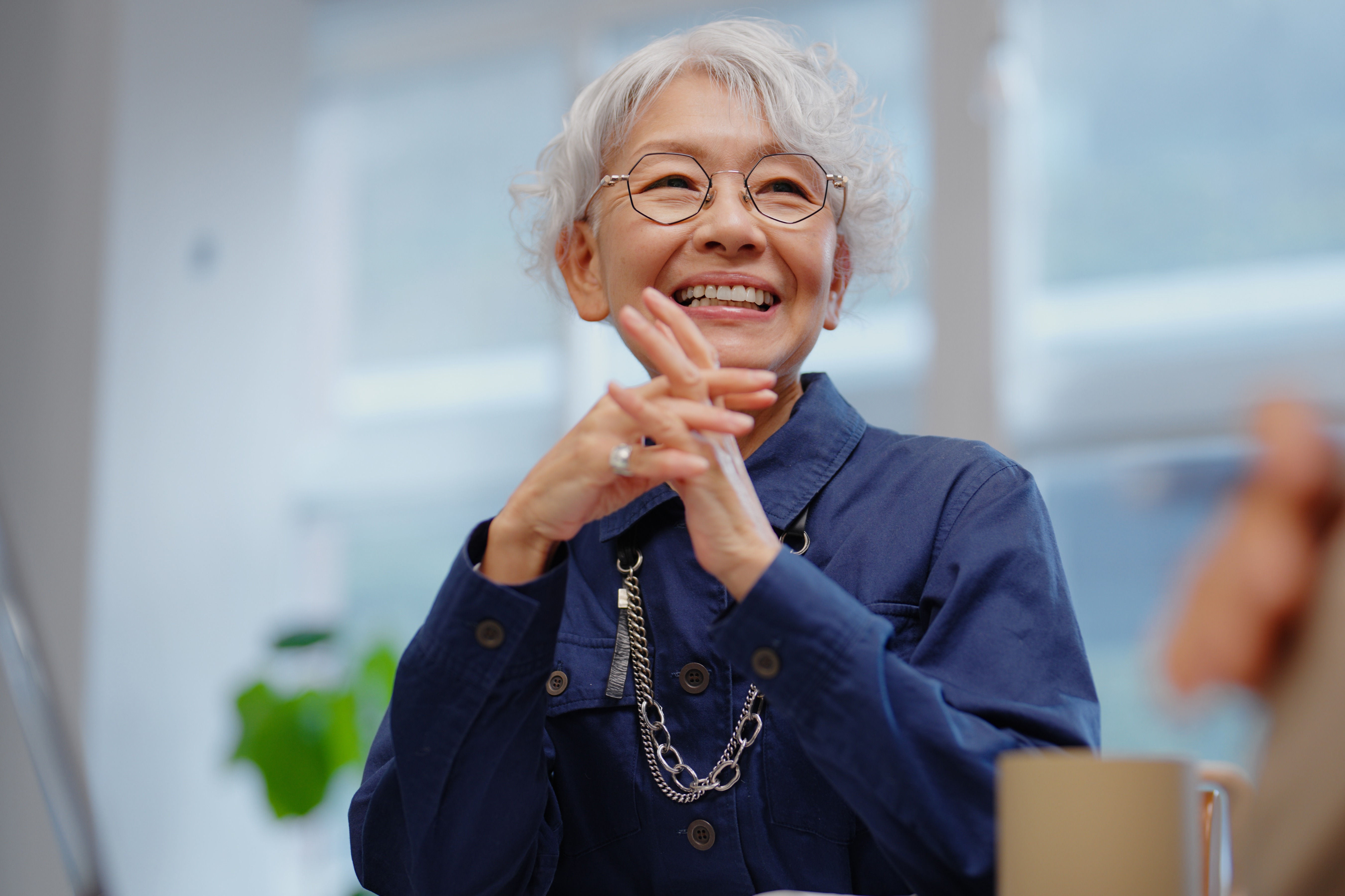 A smiling senior businesswoman with gray hair, glasses, and a navy blouse, offering financial advice in an office.