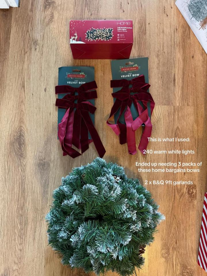 Christmas garland, two packs of velvet bows, and a box of warm white LED lights.