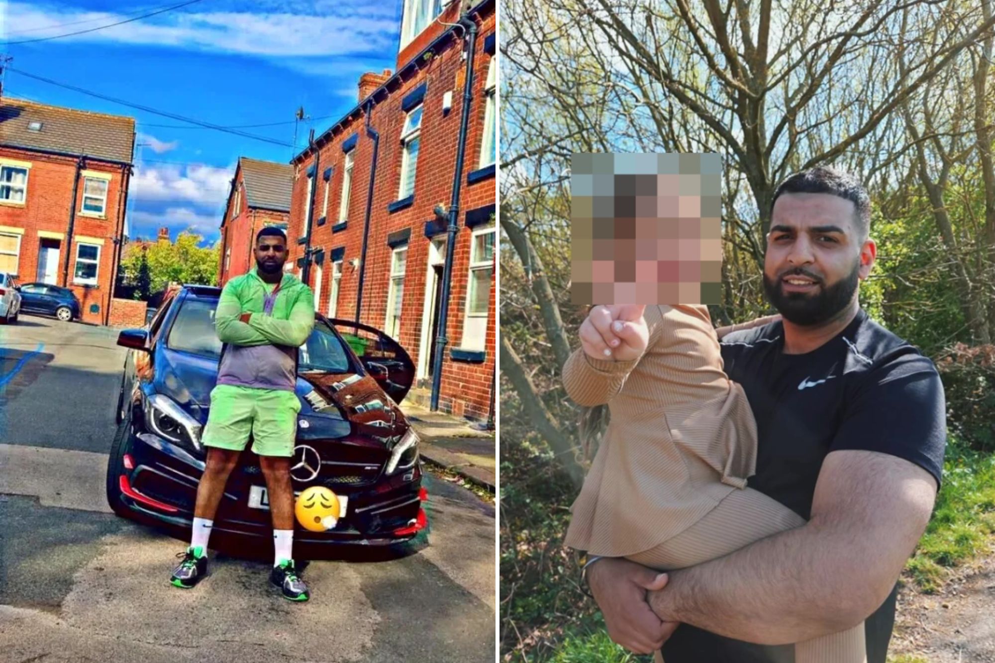 An image collage containing 2 images, Image 1 shows Man in a green and grey outfit standing in front of a black Mercedes car on a street lined with brick buildings, Image 2 shows A man holding a child whose face is blurred out, standing outdoors with trees in the background