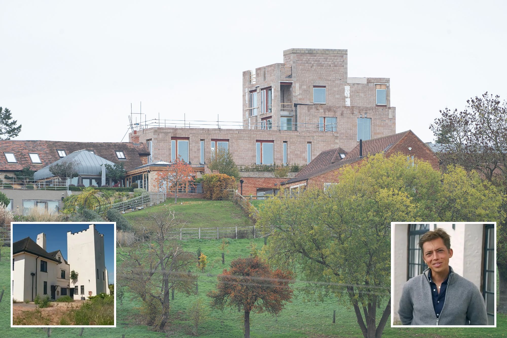 An image collage containing 3 images, Image 1 shows Oversley Castle in Wixford, Warwickshire, Image 2 shows Couple from Grand Designs, Beth and Mike, standing outside their house, Image 3 shows A large, white, multi-story building with a tower, surrounded by dry, unkempt grass and some trees under a clear blue sky
