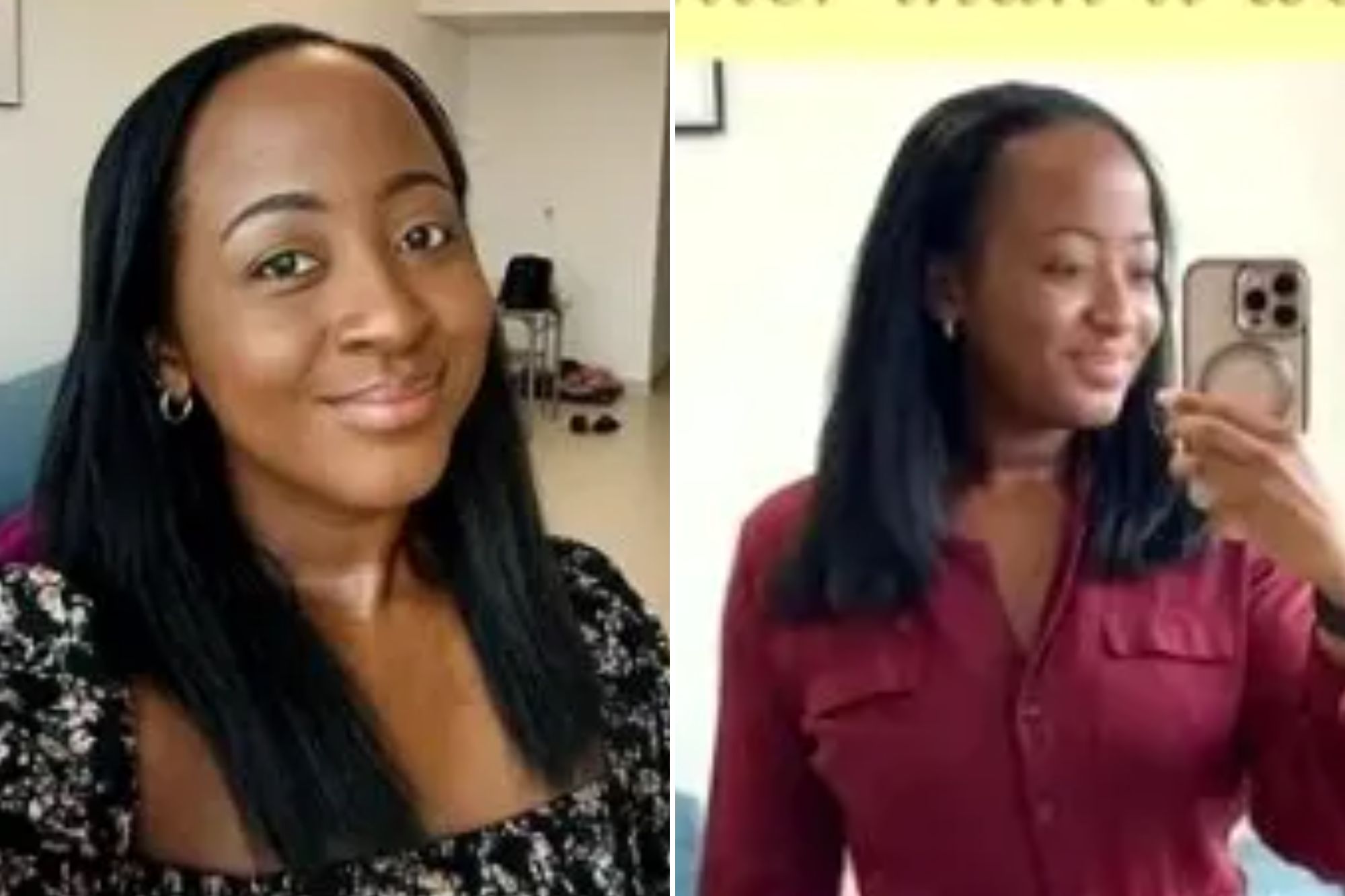 An image collage containing 2 images, Image 1 shows A woman sitting on a couch, talking about the biggest differences between teaching in Dubai and the U.K, Image 2 shows A woman in a long red dress taking a selfie in a mirror, with text overlays about moving from the UK to the UAE for teaching