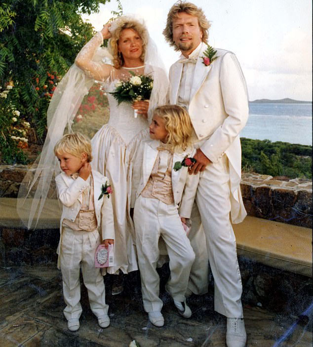 The pair pictured on their wedding day on Necker Island in 1989 with their children, Holly and Sam