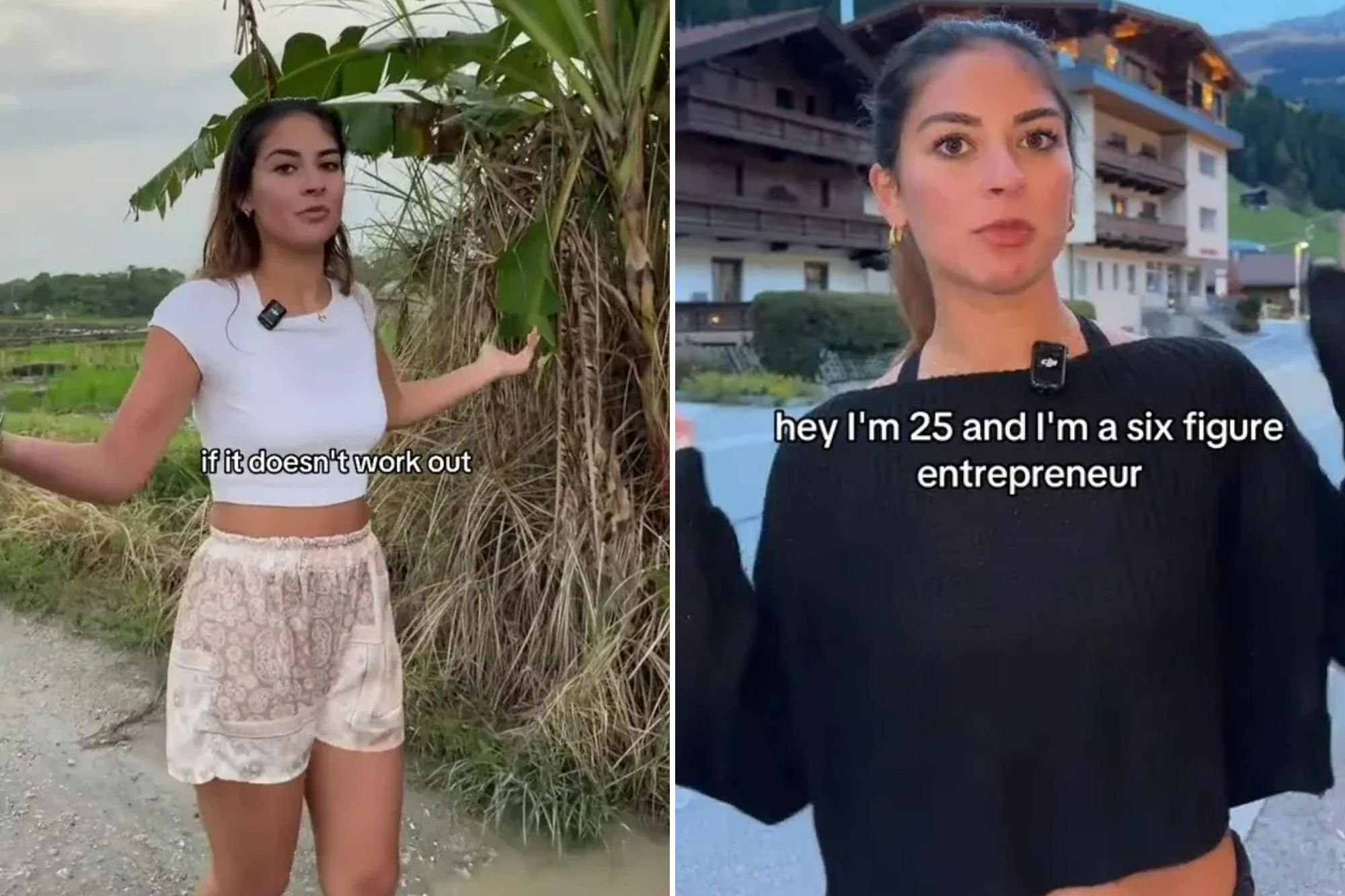 An image collage containing 2 images, Image 1 shows A woman standing in a field next to a banana tree, with text "if it doesn't work out" overlaid, Image 2 shows Woman speaking with text overlay "hey I'm 25 and I'm a six figure entrepreneur"