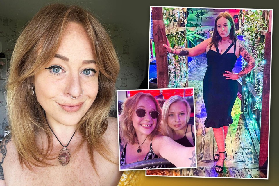 Collage of three photos of a woman with red hair and tattoos.