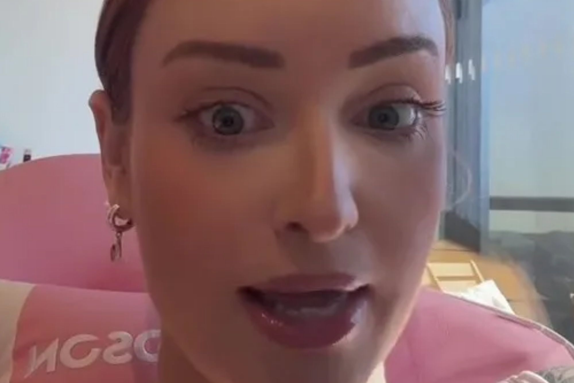 An image collage containing 1 images, Image 1 shows Woman with wide eyes responding to a comment about wives finding out