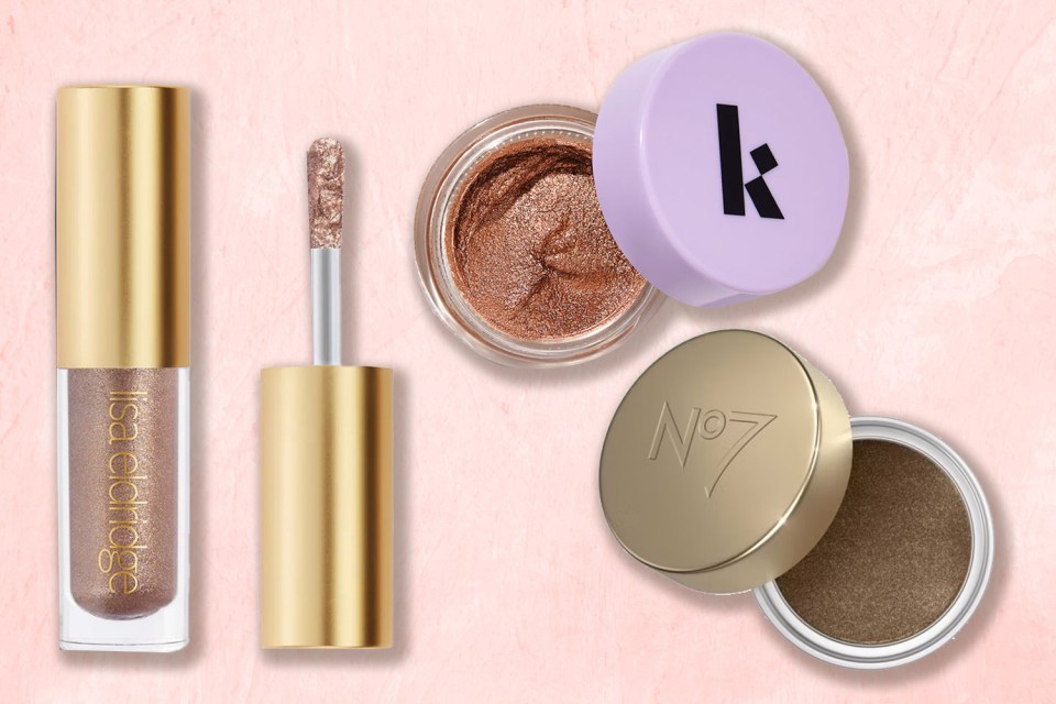 Various beauty products for eyes, including liquid eyeshadow and cream eyeshadows from different brands.