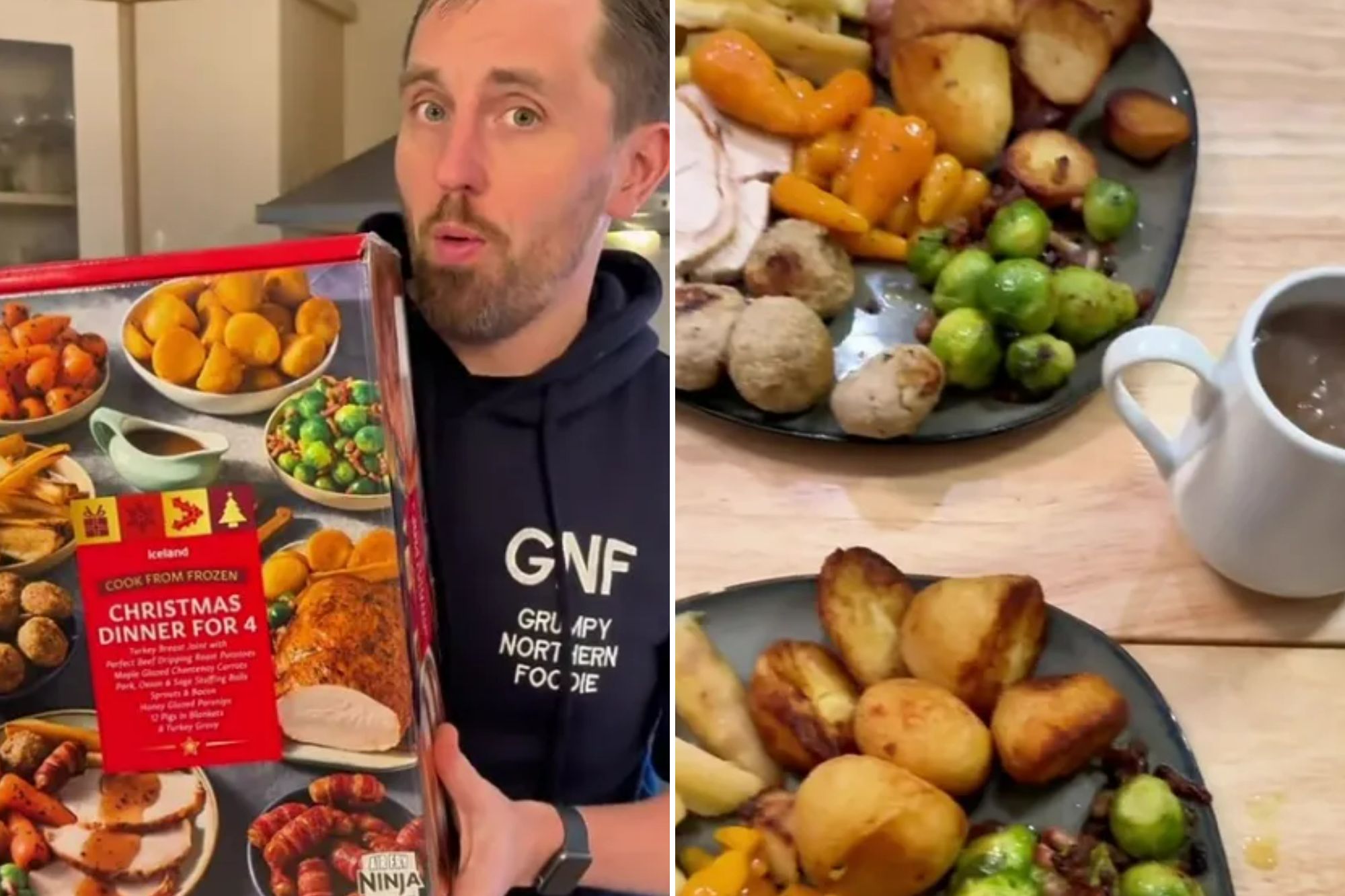 An image collage containing 2 images, Image 1 shows Man holding a box for "Iceland Christmas Dinner for 4", Image 2 shows Two plates of Christmas dinner, including sliced turkey, carrots, roast potatoes, Brussels sprouts, and stuffing balls, with a gravy boat