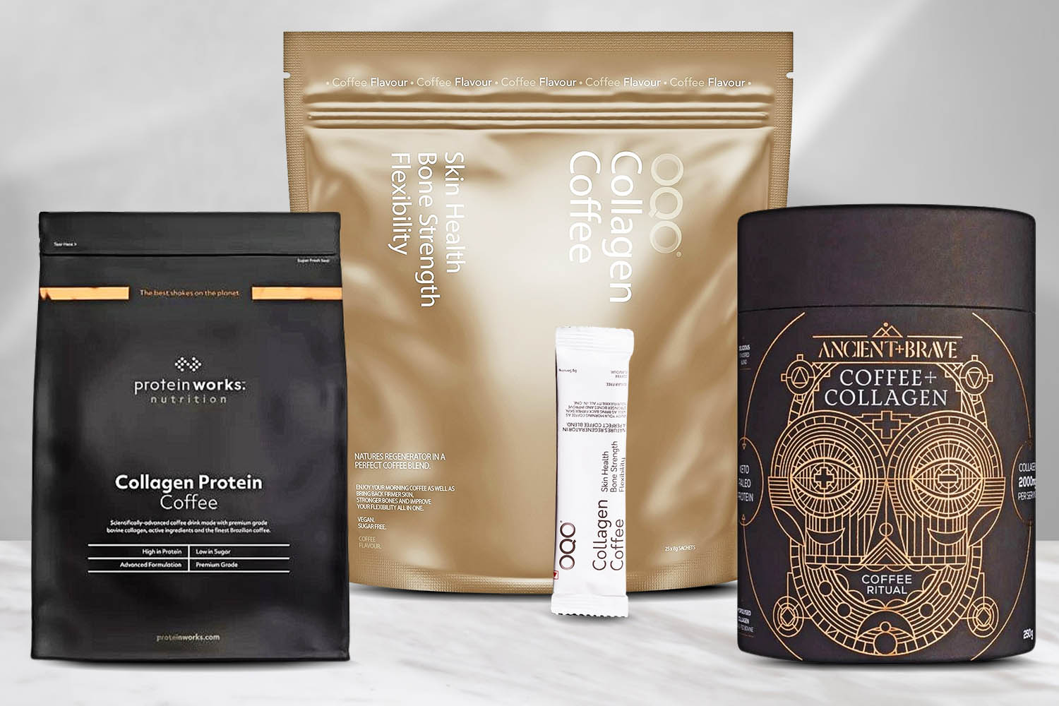 Three different brands of collagen coffee products.
