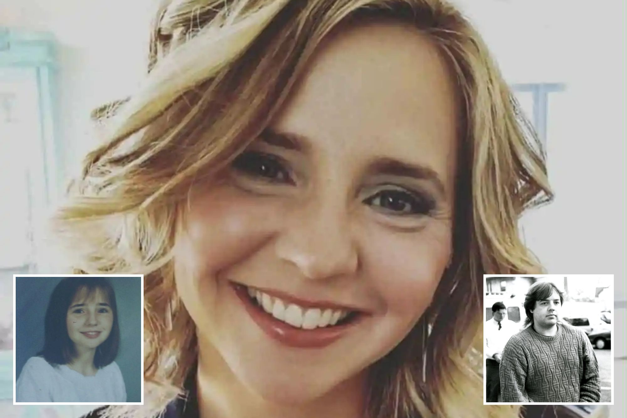 An image collage containing 3 images, Image 1 shows A woman with blonde hair, wearing a black jacket and white top, smiling, Image 2 shows NINTCHDBPICT001037593157, Image 3 shows A young girl with a faint smile, wearing a white sweater, and a dark short haircut with bangs