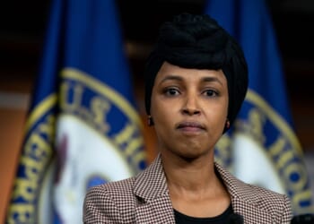 Rep. Ilhan Omar, a Democrat from Minnesota, looks on during a news conference on reintroducing the Neighbors Not Enemies Act on Capitol Hill on Jan. 22, 2025, in Washington, D.C.