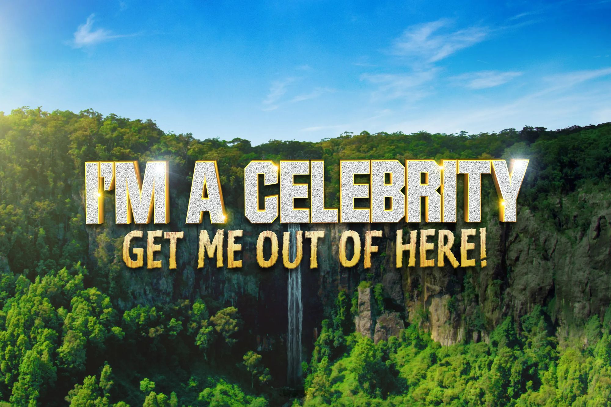 An image collage containing 1 images, Image 1 shows The "I'm A Celebrity... Get Me Out of Here!" logo over a jungle landscape with a waterfall and bright blue sky