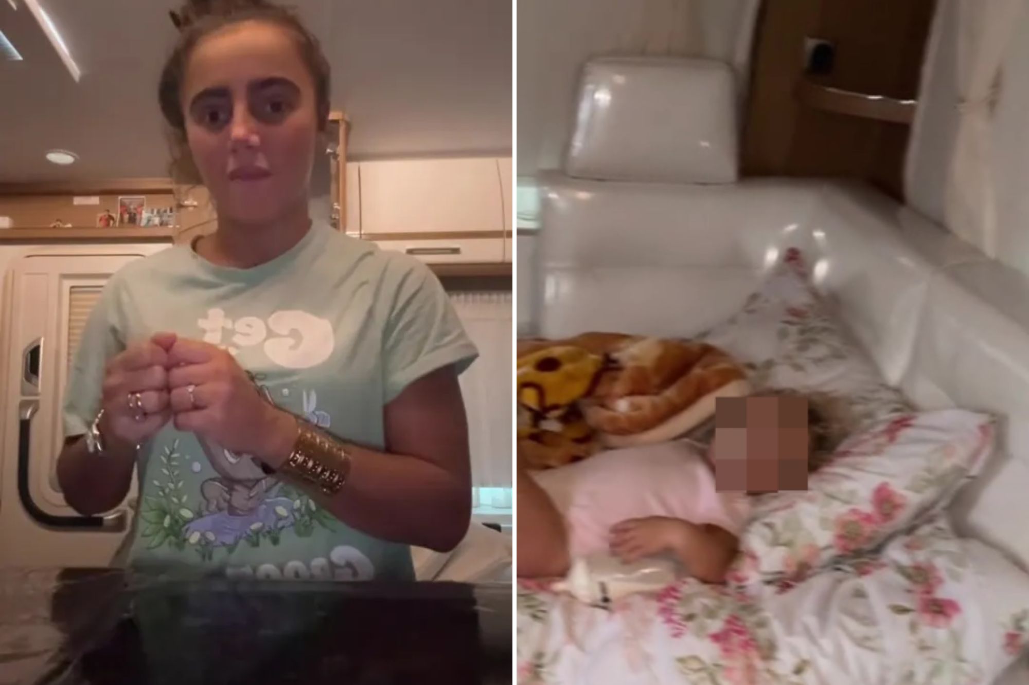An image collage containing 2 images, Image 1 shows A woman wearing a light green t-shirt with a cartoon graphic on it, and several rings and bracelets, speaks to the camera indoors, Image 2 shows A child asleep on a floral-patterned bed with a baby bottle on their stomach