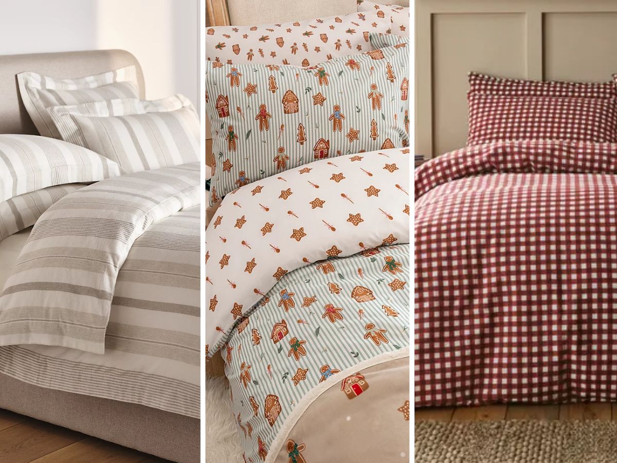 Collage of three bedding sets: a light gray and white striped set, a festive gingerbread-themed set, and a red and white checkered set.