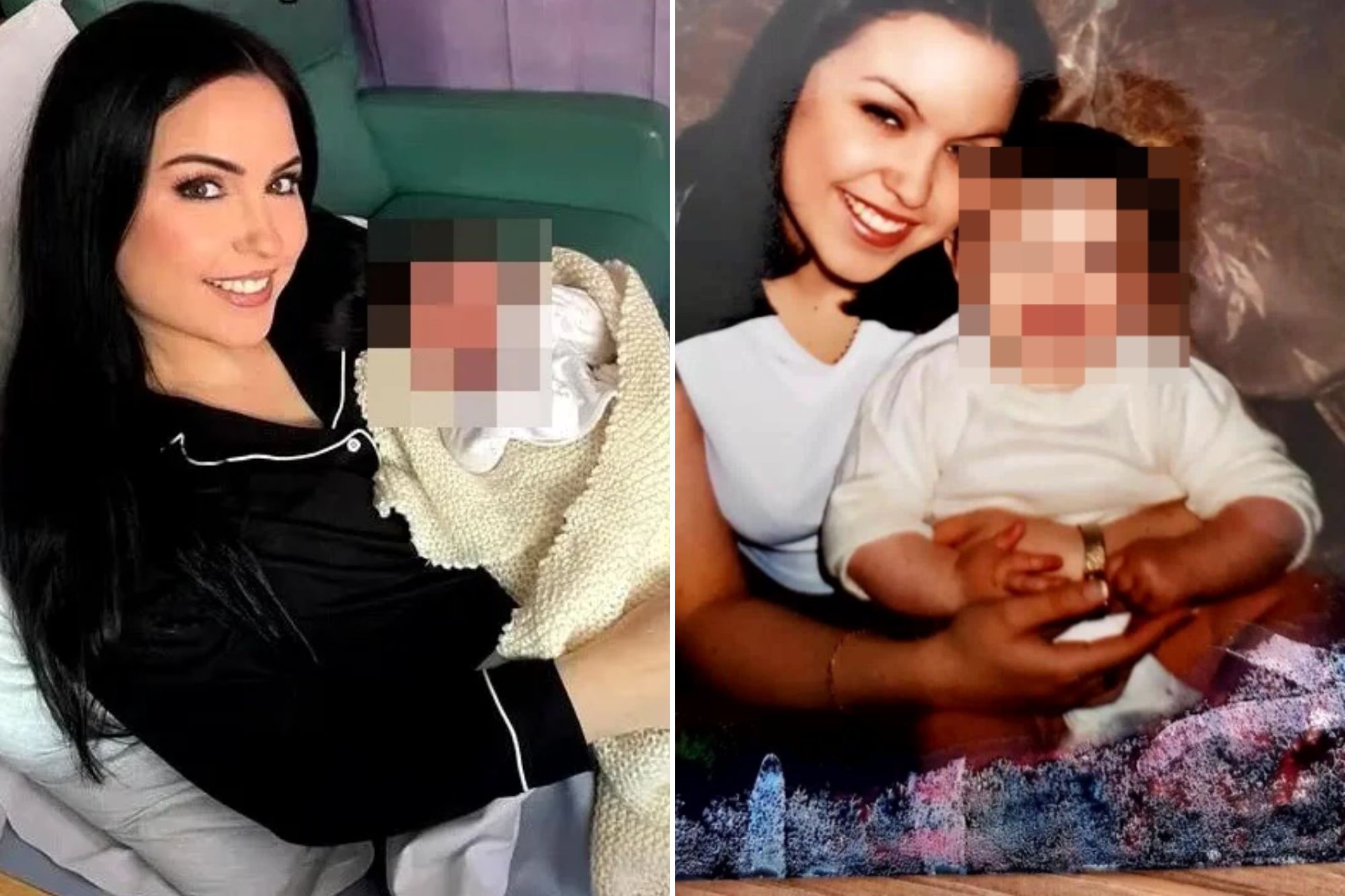 An image collage containing 2 images, Image 1 shows A 47-year-old mother holding her newborn baby in a hospital bed, Image 2 shows A young woman smiling and holding a baby, with text overlay "Had my first baby at 18 & told myself I was going to have kids young so I'll be living my best life by my mid 40s!"