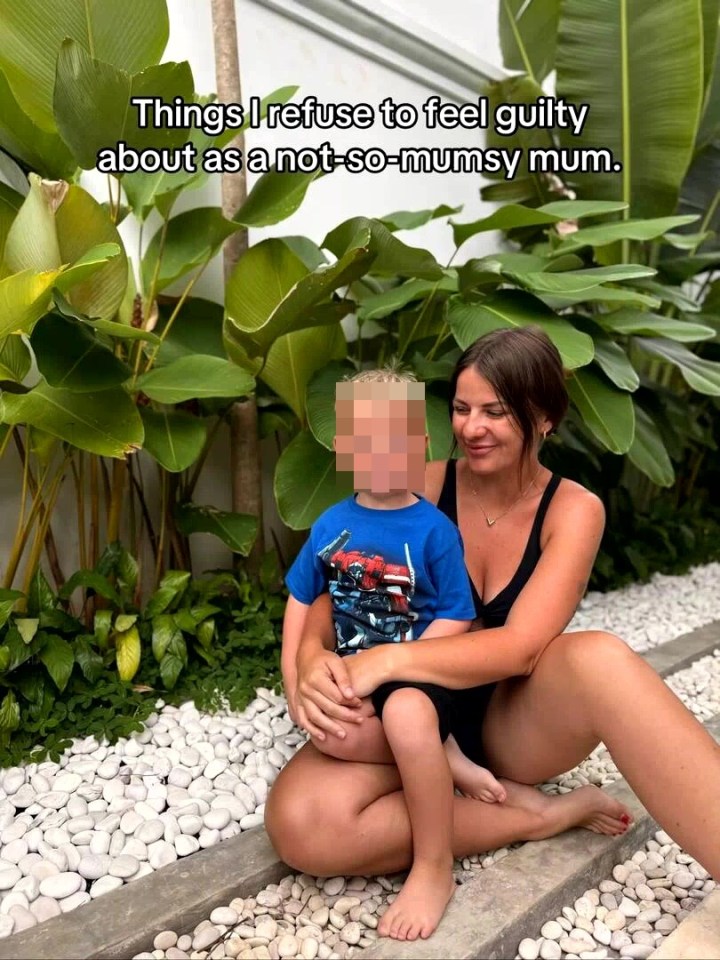 A woman sitting with a child on her lap, with text that reads "Things I refuse to feel guilty about as a not-so-mumsy mum."