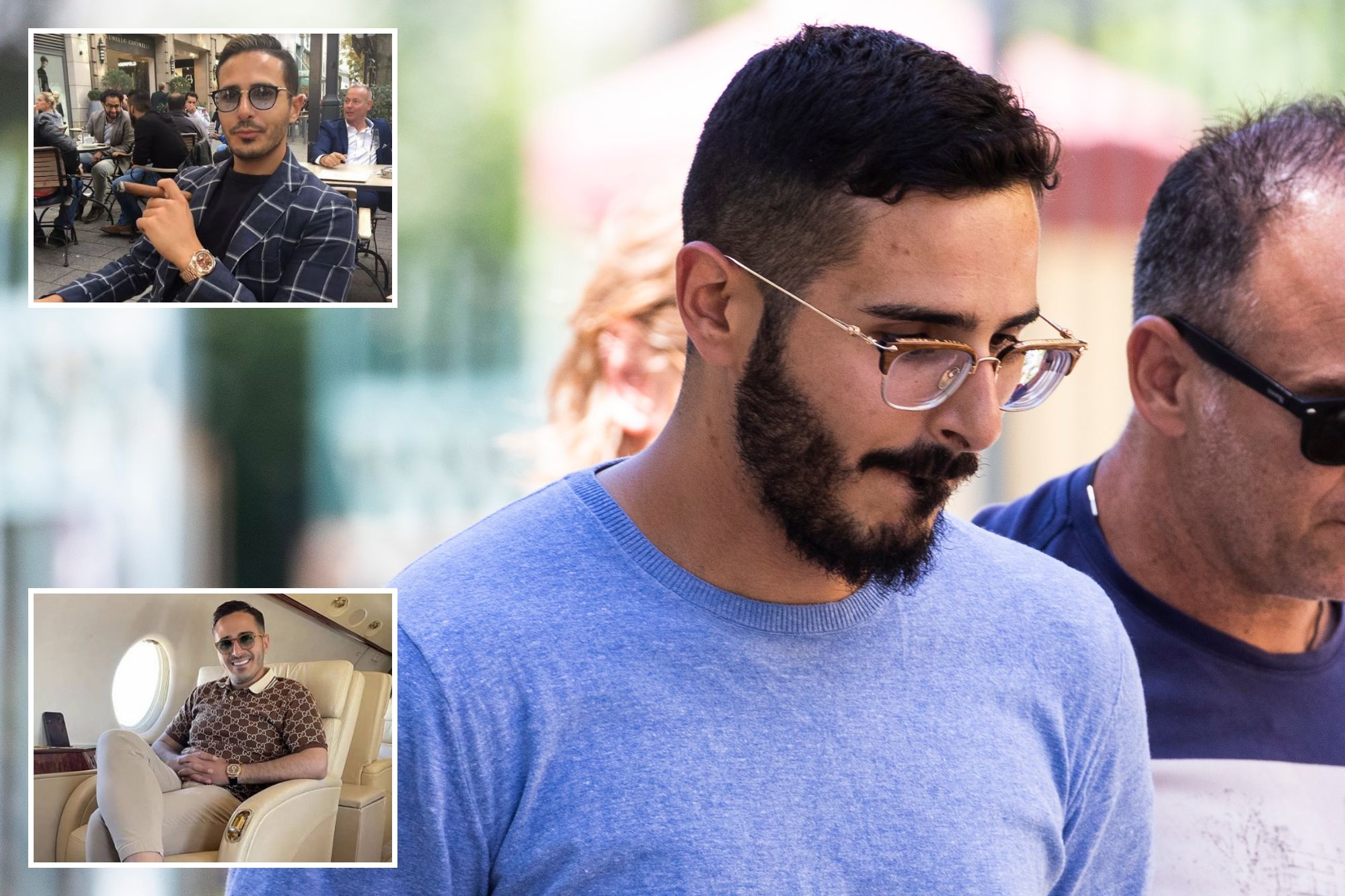 An image collage containing 3 images, Image 1 shows Tinder swindler Simon Leviev with another man, Image 2 shows Simon Leviev, the "Tinder Swindler", in a plaid suit, holding a cigar, Image 3 shows Simon Leviev, the Tinder Swindler, sitting in a private jet