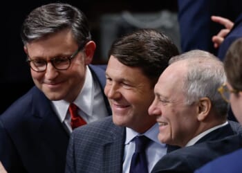 Speaker of the House Mike Johnson, left; House Budget Committee Chairman Jodey Arrington, center; and Majority Leader Steve Scalise, right, pose for a selfie as the House votes on the One Big Beautiful Bill Act at the U.S. Capitol in Washington, D.C., on July 3.