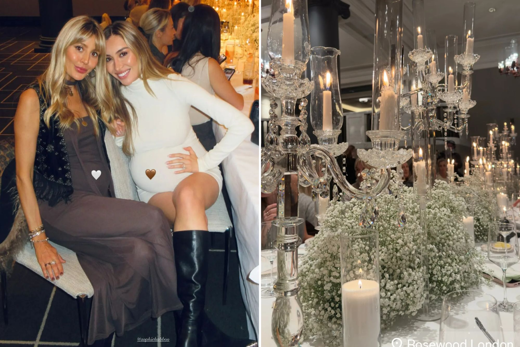 An image collage containing 2 images, Image 1 shows Sophie Habboo and another woman, both appearing pregnant, posing together at a baby shower, Image 2 shows A lavish baby shower table setting with burning candles in crystal candelabras and white baby's breath flowers