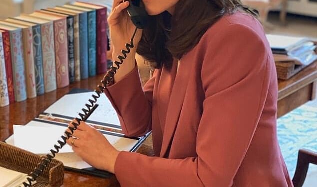 The Princess of Wales is pictured in 2020 in her stylishly decorated office in Kensington Palace  - complete with piles of classic books in the background