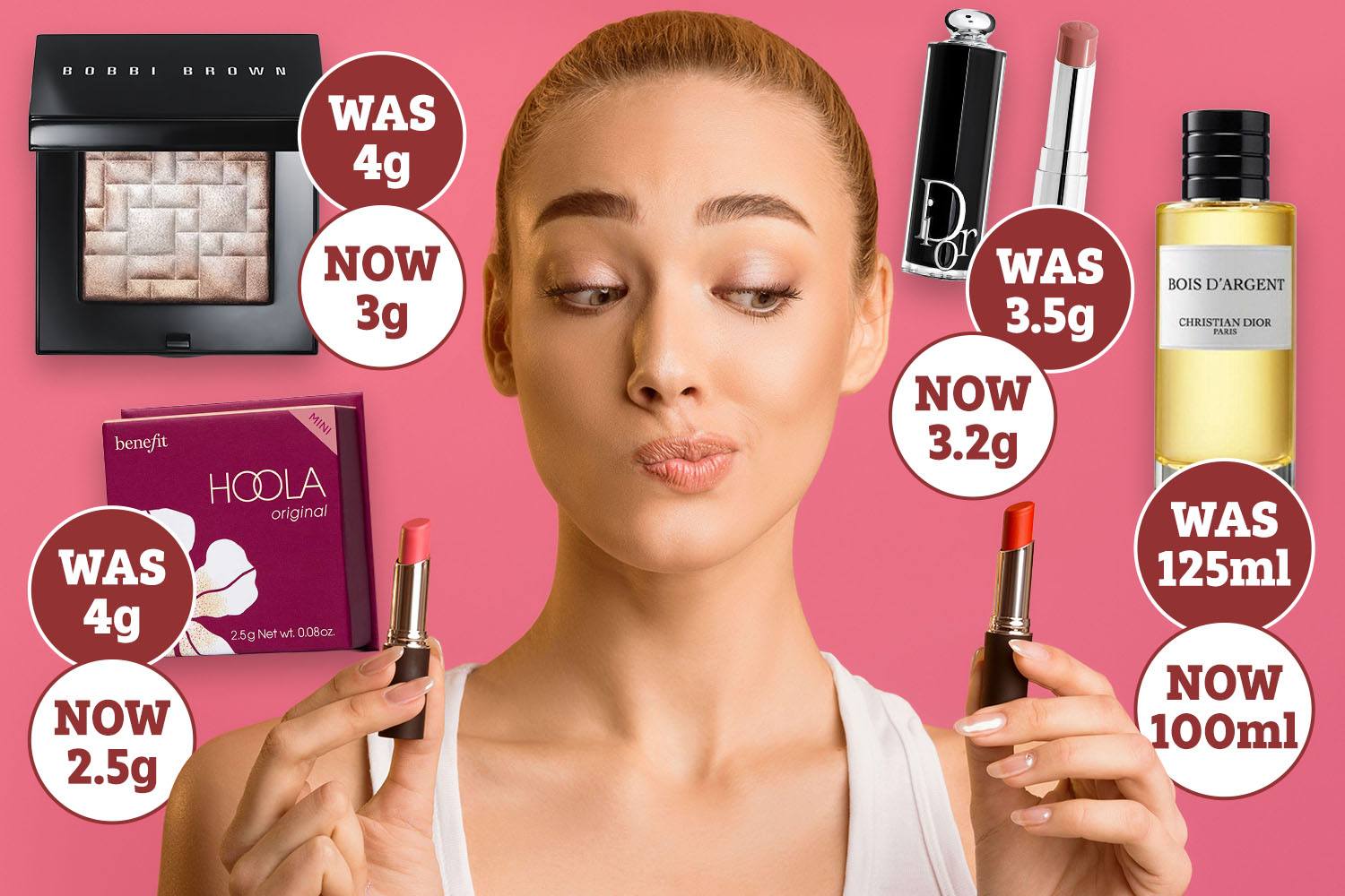 Collage of a woman holding lipsticks with cosmetic products and text bubbles showing product size changes from "was" to "now."