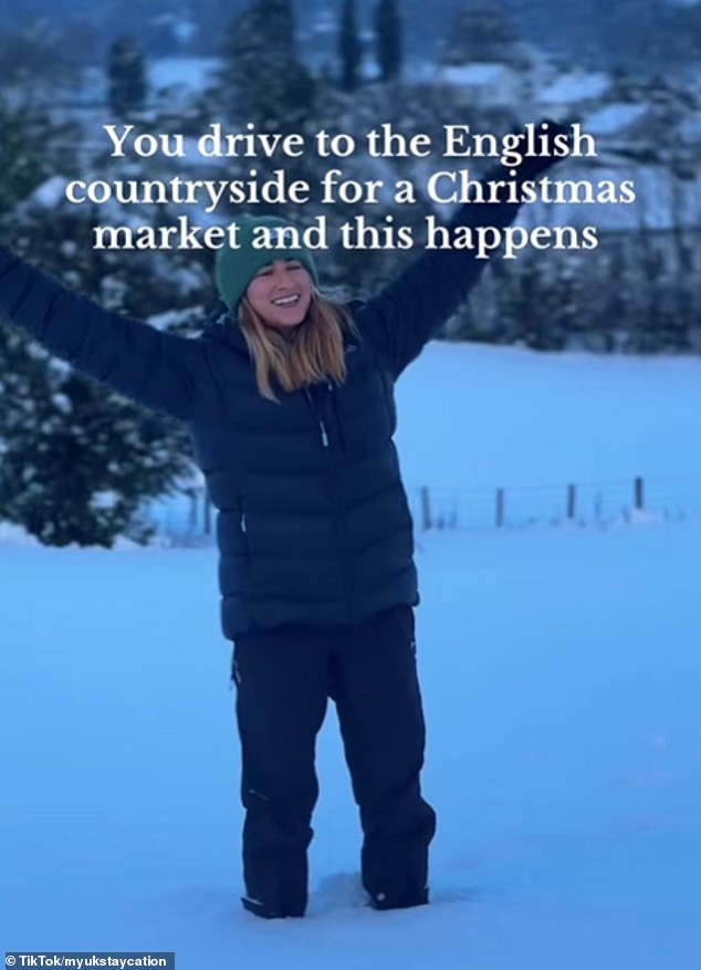 A grab from a Tiktok video of a daytripper enjoying a snowy day in Hawkshead