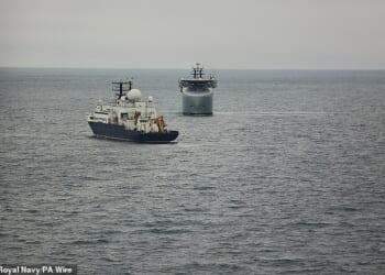 A photograph supplied by the Royal Navy showing the RFA Proteus monitoring Russian ship Yantar in November, 2024