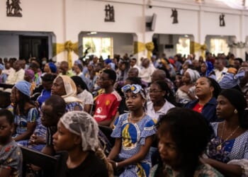 Catholics in Nigeria gather to worship in a church in Lagos, Nigeria on April 21, 2025.
