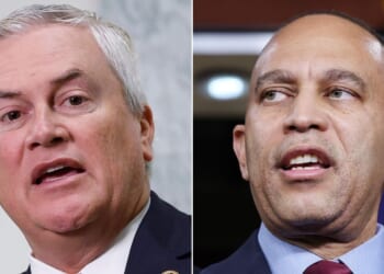 GOP Rep. James Comer of Kentucky, left, brought the receipts after House Minority Leader Hakeem Jeffries, right, called him a liar for saying Jeffries had solicited campaign donations from convicted pedophile Jeffrey Epstein.