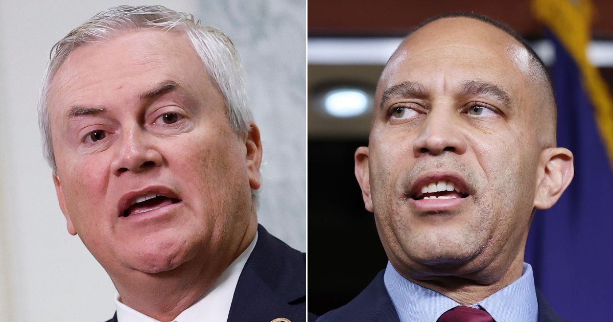 GOP Rep. James Comer of Kentucky, left, brought the receipts after House Minority Leader Hakeem Jeffries, right, called him a liar for saying Jeffries had solicited campaign donations from convicted pedophile Jeffrey Epstein.