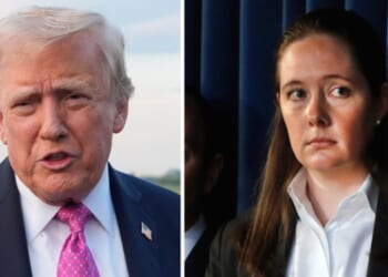 A new report claims that, according to a former cellmate of Jeffrey Epstein, Maurene Comey, right, attempted to strike a deal with Epstein if he would implicate President Donald Trump, left.