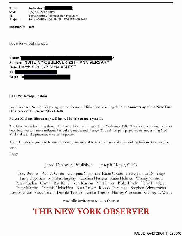 The invite came after Epstein served a 13-month prison sentence for child sex crimes and it was released in a trove of documents from the House Oversight Committee
